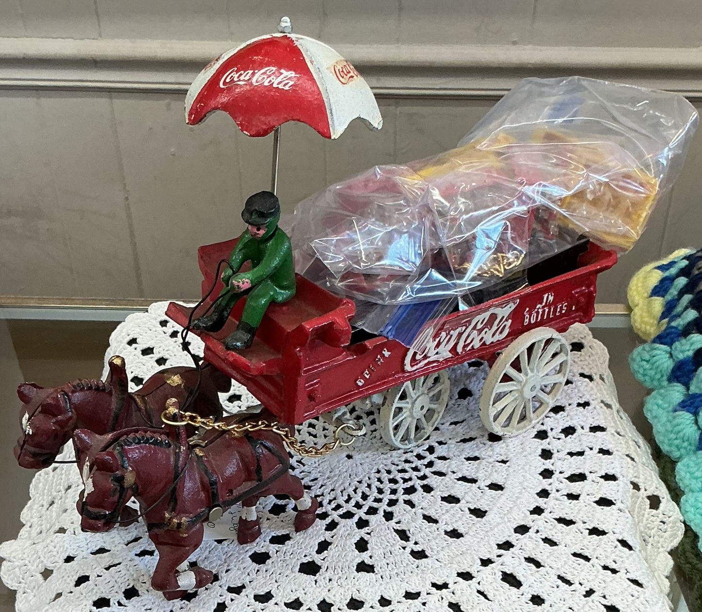 Cast Iron Coke Horses & Wagon W/ Crates & Bottles